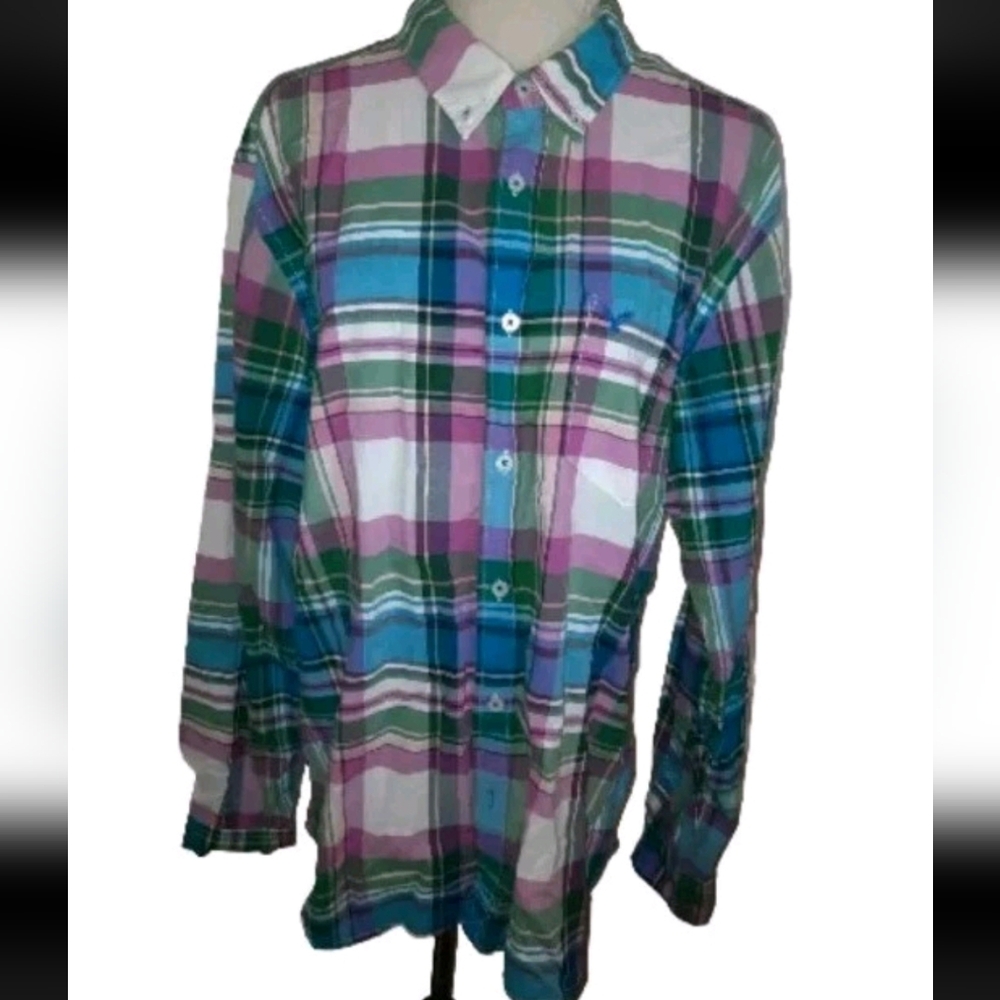 American Eagle Outfitters Vintage Fit Pink Green Blue Plaid Shirt Womans  Large